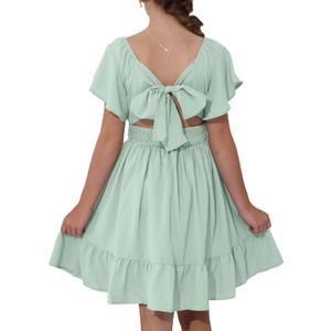 blibean Girls Summer Tie Back Dress Tween Kids Cute Boho Off Shoulder Flower Dresses Ruffle Formal Short Tulle Wedding Vestidos Niñas Size 10-11 Years Old Mint Green