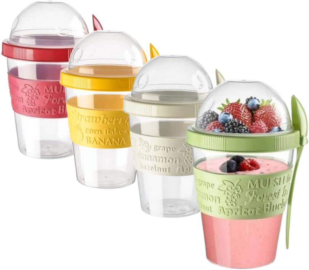 On The Go Cereal Yogurt Cups with Lids and Spoon, Overnight Oats Container, Reusable Parfait Plastic Milk Jar Breakfast Crunch Granola Oatmeal Smoothie Snack Prep Bowl To Take Along (4 Colors Set 2)