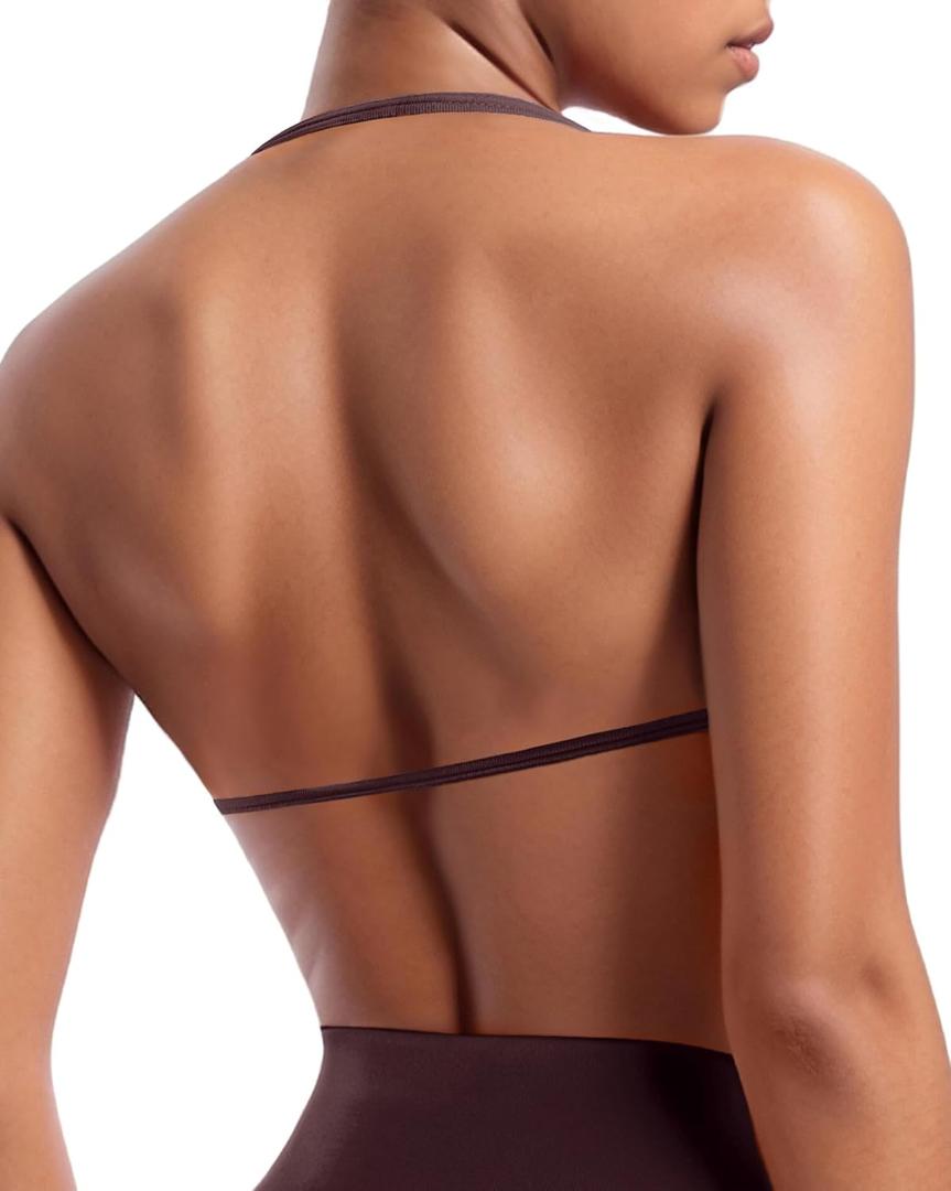 OMKAGI Halter Sports Bras for Women Padded Strappy Bra Open Back Workout Gym Crop(L, 409-Brown)
