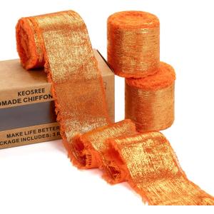 2 x Orange Silk Chiffon Ribbon,Terracotta Frayed Shimmery Silk Ribbon for Bridal Flower Bouquet Christmas Gift Wrapping Wedding Decor Invitations Decorations 1.5" x 15 Yards (5Yards X 3 Rolls)