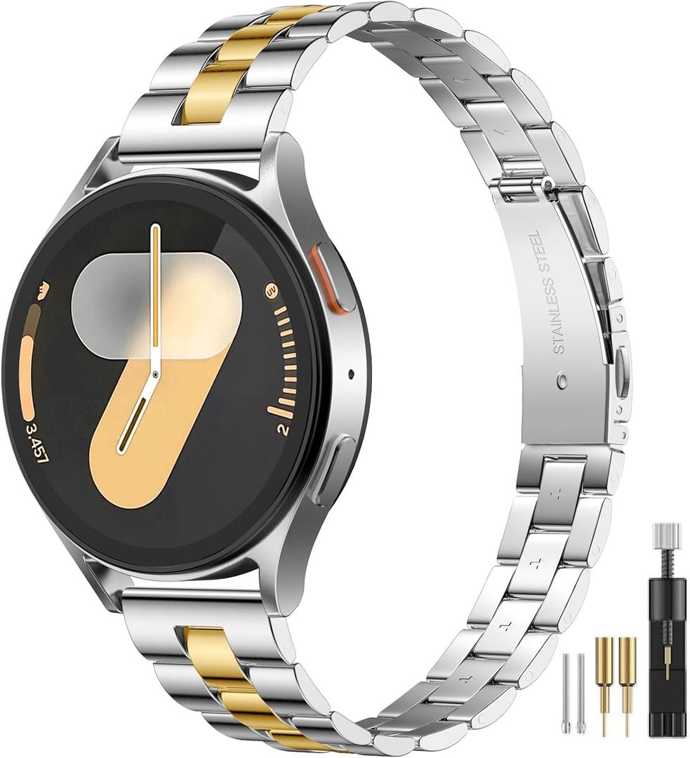 Slim Metal Compatible with Samsung Galaxy Watch 7 band, 20mm Stainless Steel Strap for Galaxy Watch Bands 40mm 44mm Women, Dressy Thin Chain Bands for Galaxy Watch FE/ 6/5/ 4/ Active 2 (Gold/Silver)