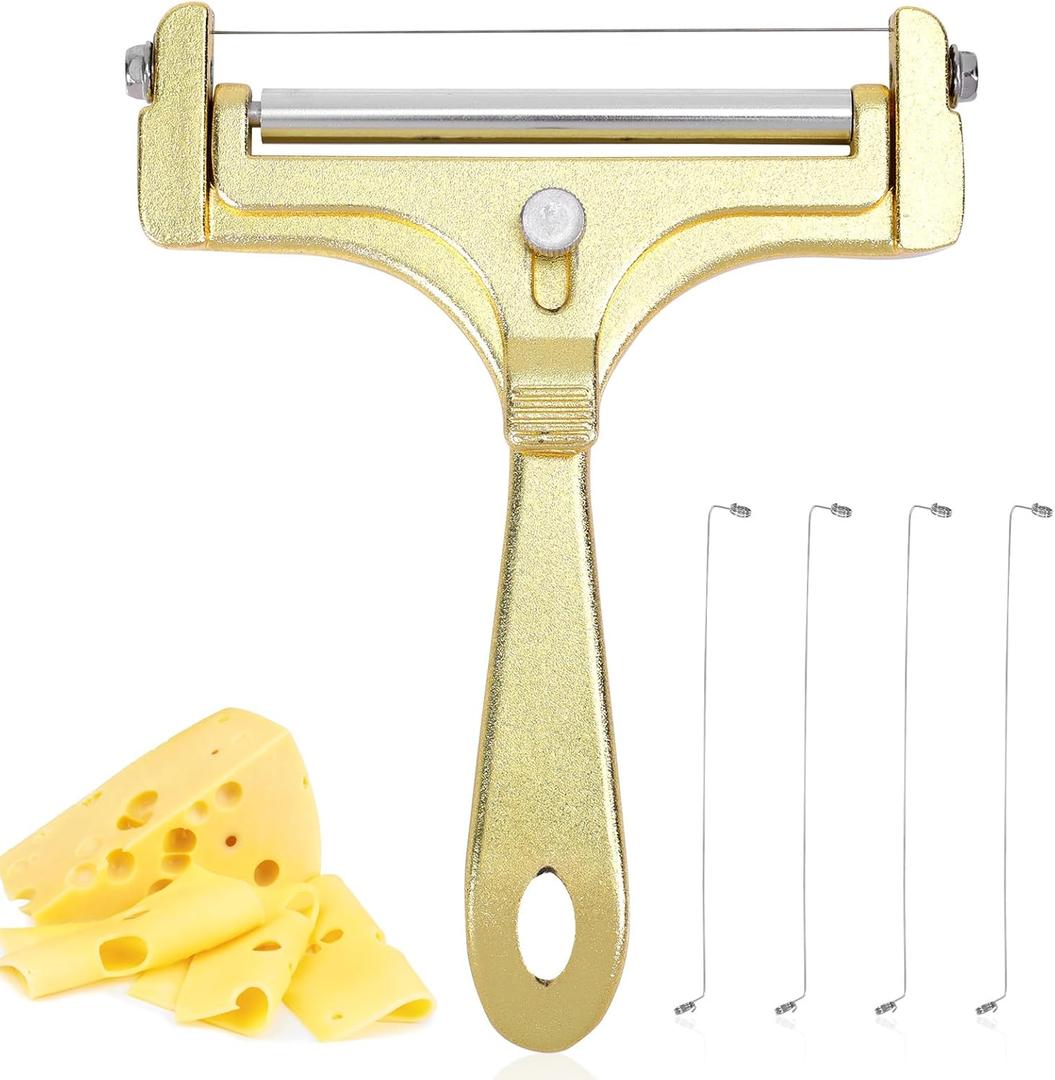 Cheese Cutter, Stainless Steel Cheese Slicer with 4pcs Extra Wires Adjustable Handheld Butter Block Cutter (Gold)