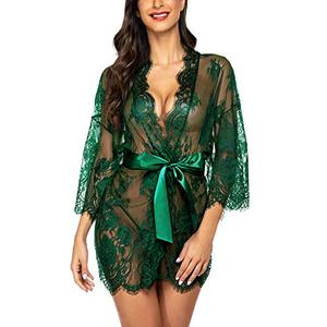 Avidlove Women's Lace Kimono Robe Babydoll Lingerie Mesh Nightgown Dark Green XXL