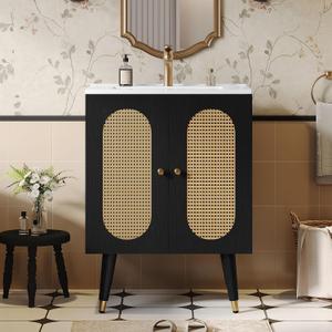 DWVO 24 Inch Rattan Vanity with Sink | Small Bathroom Vanity Cabinet, Boho Style with 2 Large SoftClosing Doors & FourSided Water Barrier Strip