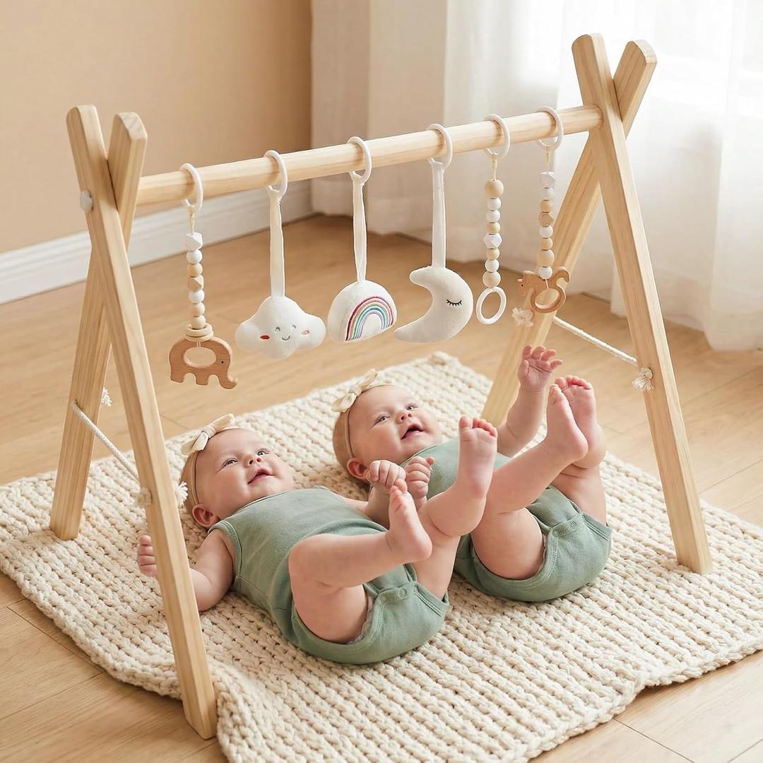 Mallify Wooden Baby Gym with 6 Gym Toys, Foldable Baby Play Gym, Natural Pine Wood Play Gym, Frame Activity Center Hanging Bar, Wooden Play Gym