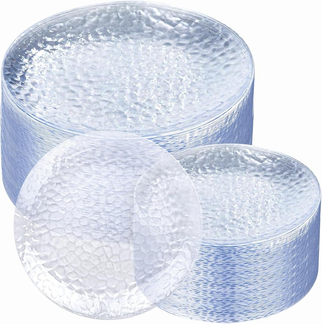Rubtlamp 100Pcs Clear Plastic Plates, Heavy-Duty Party Plates, Clear hammered plastic plates Include 50 Clear Dessert/Salad Plates 