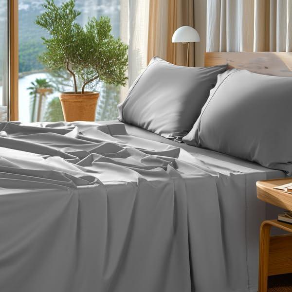 SONORO KATE 100% Egyptian Cotton Sheets Set - 1000 High Thread Count, Luxury 5-Star Hotel Sateen Bed Sheets, Soft, Breathable Long Staple Sheets, Fit up to 16" - 4 PC (Grey, Queen)