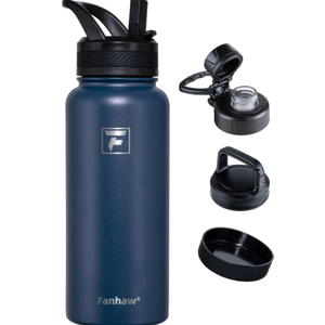 Fanhaw 32 oz Insulated Water Bottle Portable Stainless Steel Flask with 3 Lids (Straw, Spout, Carabiner) | Leakproof, for Gym, Hiking, Work, Travel & Everyday Use (Blue)