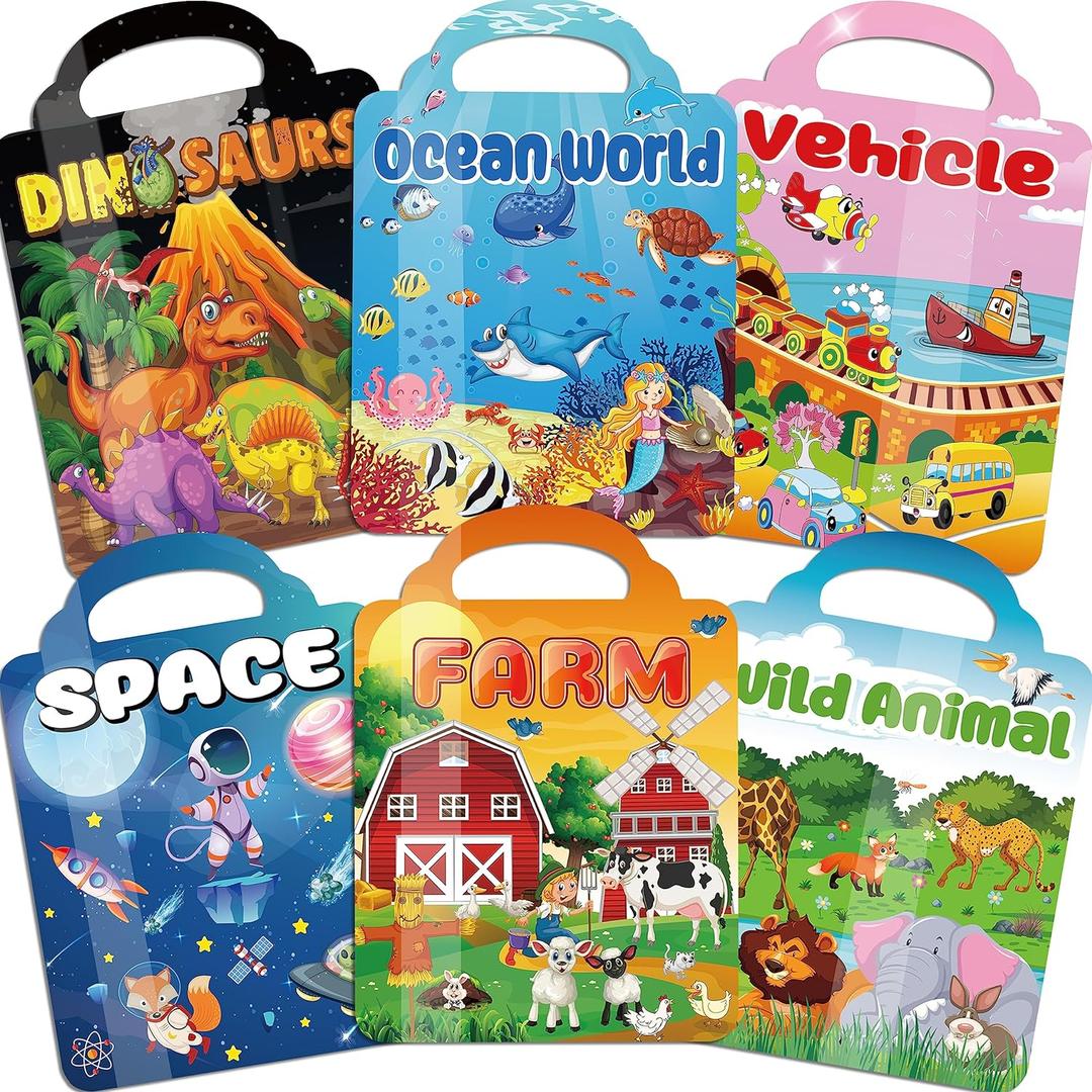 6Set Puffy Sticker Books for Kids 2-4, 3D Reusable Stickers Books for Toddlers 1-3 2-4,Farm+Animal+Dinosaurs+Ocean World+Space+Vehicle