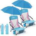 Homcosan Portable Low Folding Beach Chairs Set of 2 with Detachable Umbrellas - Lightweight Camping Chairs for Adults with Cup Holder & Storage Pockets, Carry Bag Included (Blue & Pink)