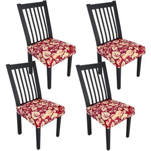 Stretch Dining Chair Seat Covers Set of 4,Dining Chair Slipcovers, Floral Printed Chair Covers,Soft Fabric Washable Upholstered Chair Seat Protector, No Rear Covers for Home Kitchen Dining Room (Redflame Flowers)