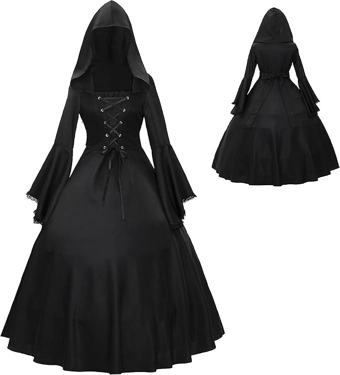 Vintage Gothic Medieval Black Hooded Dress Halloween Front Lace Up Flare Sleeve Costume Dress, XL