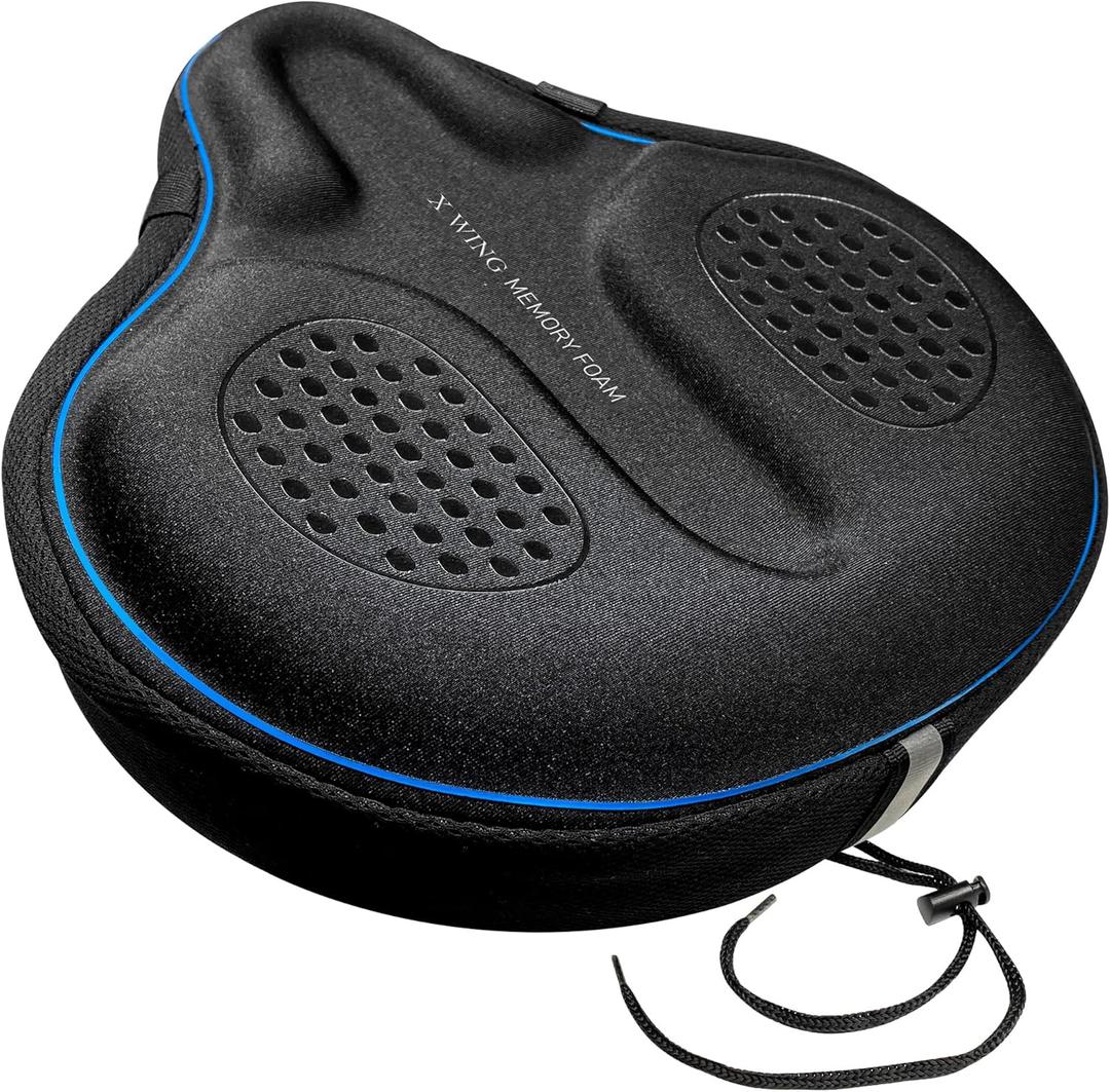 X WING Wide Bike Seat Cover Padded with Memory Foam | Ideal Bicycle Saddle Cover for Men and Women | Ultra-Soft Cushion, Non-Slip & Easy Installation | Fit for Exercise Bike, Indoor & Outdoor Cycling