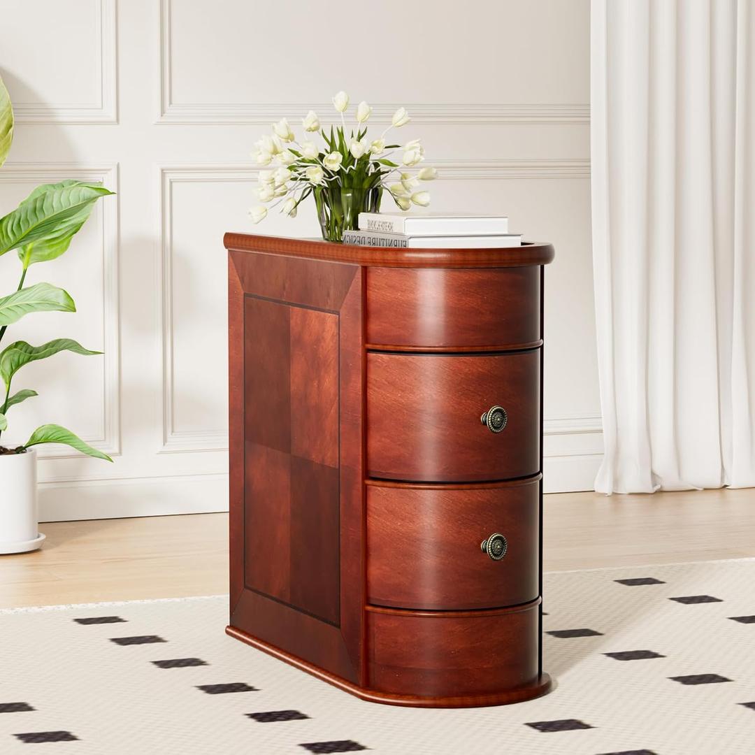 ROOMTEC Solid Wood End Table,Narrow Side Table with 2 Drawers,No Assembly, Finished Back,Vintage Wood Narrow Sofa Side Table for Living Room Bedroom (1 Pack)