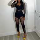 Women's Sexy Mesh One Piece Jumpsuit High Stretch Rave Long Sleeves Clubwear Bodysuit Party Night Outfits (Black)