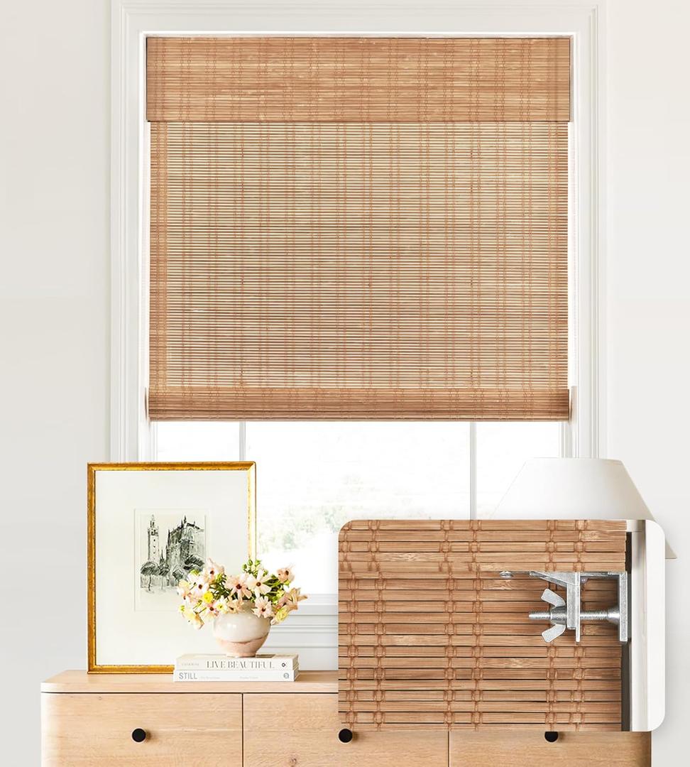 LazBlinds No Tools No Drill Cordless Bamboo Roman Shades, Light Filtering Window Treatment, Roll Up Bamboo Blinds for Windows 27'' W x 72'' H, Ceylon Light Russet