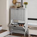 Shoe Storage Cabinet with 2 Flip Drawers, Gray Fluted Narrow for Entryway, Slim Shoe Rack Cabinet Organizer 23.5in