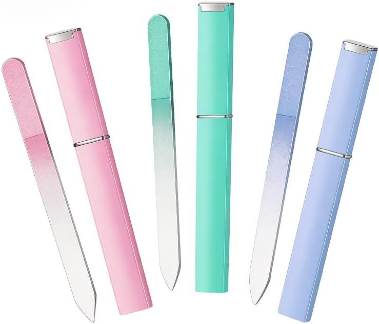 3 x Glass Nail Files for Natural Nails Double-Sided Crystal Fingernail File with Case Portable Gifts for Women Girls, Pink Mint Blue, 3 Pack