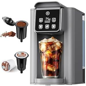 Hot & Iced Coffee Maker with Bold Setting, Single Serve Coffee Maker for K Cup and Grounds, 6-14 Oz Brew Sizes, 50 Oz Removable Water Tank, One Cup Coffee Machine with Reusable Filter, Grey