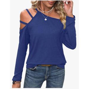 LilyCoco Women's Cold Shoulder Long Sleeve Top Asymmetrical Loose Casual Shirts, M