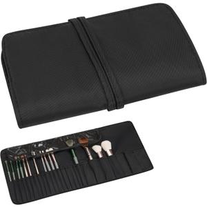 Makeup Brush Holder Organizer with Silicone Cleaning Bowl - 26 Slots Professional Rolling Travel Case, Waterproof Nylon Cosmetic Pouch & Portable Roll Up Bag for Artist (Black)