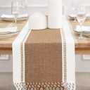 PurpleEssences Table Runner - Wide with Dobby Stripe, Heavy Ribbed Weave & Double Knot Fringes, 14x72 Inch (14x77.5 with Fringes) for Summer Boho Farmhouse Decor - Nut Brown and H.White