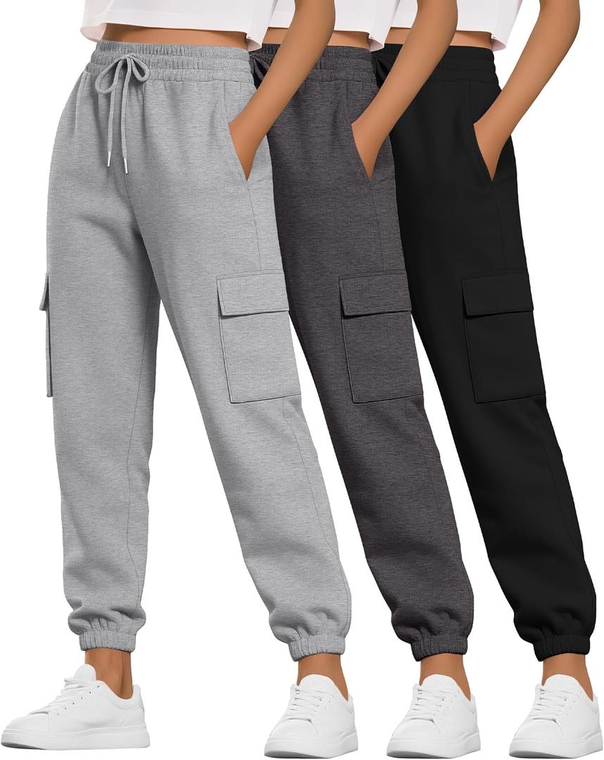 Neer 3 Pack Women's Cargo Sweatpants Joggers Pants Causal Gym Athletic Workout High Waist Bottom Y2k Fall Outfits with Pocket (Large, Black, Dark Grey, Light Grey)