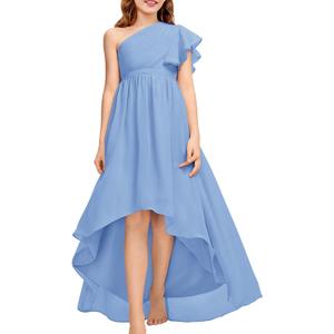 rrhss Flower Girls One Shoulder Ruffle Dresses Flowy A-line Twirl Sleeveless Dress Cute Wedding Prom Party Gowns (Blue)