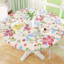 misaya Round Fitted Tablecloth with Elastic Edge, 100% Waterproof Oil Proof Plastic Table Cover, Vinyl Flannel Backed Tablecloth Fits 36"-44" Round Tables for Dinner, Outdoor, Picnic, Butterfly (Light Yellow)