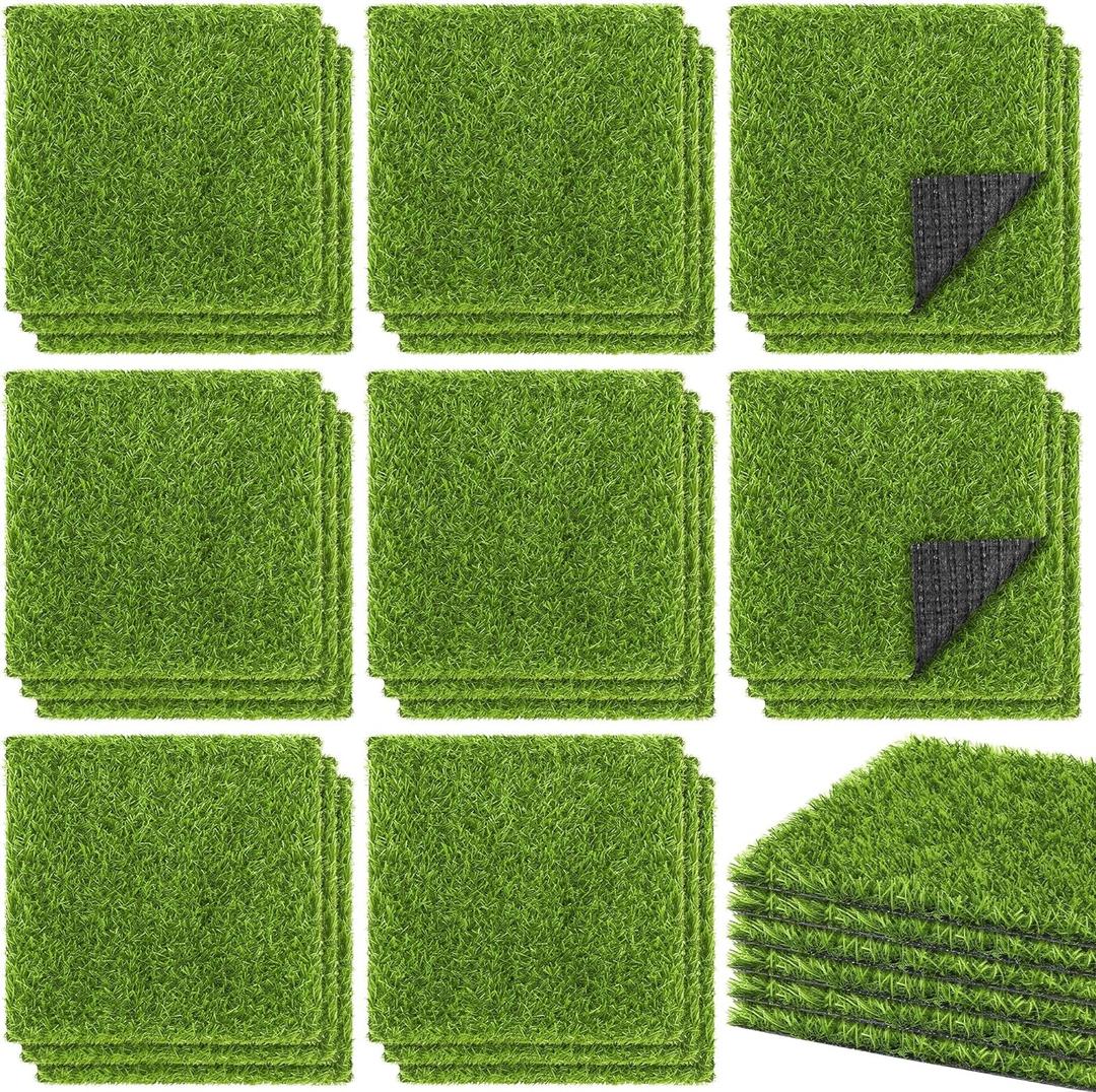 TURSTIN 30 Pieces Artificial Grass Mat 12 x 12 Inch Fake Grass Square Mat Synthetic Turf Patch Tiles with Drainage Holes Realistic Grass Rug for DIY Crafts Patio Indoor Outdoor Decor, Grass Green