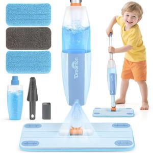 Dreamon Kids Spray Mop - Real Working Toddler Cleaning Set with Water Sprayer & 3 Washable Mop Pads & Scraper, Pretend Play Montessori Housekeeping Toys Gifts for Toddlers Kids Girls Boys(Blue)