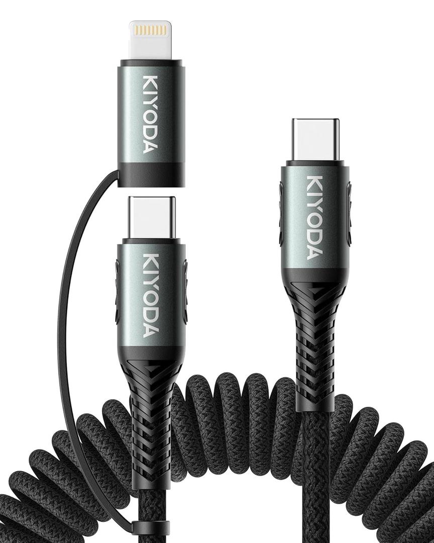 Coiled USB C to Lightning Cable 3FT, 2 in 1 iPhone 15 Charger Cord for Car Nylon Braided Multi Type C to TypeC Fast Charging Cables for iPhone 17 16 15 14 13 12 11 iPad, Samsung Galaxy Sony - 1Pack