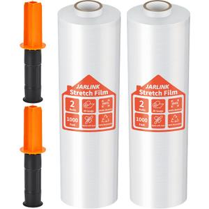 JARLINK Stretch Film, 80 Gauge,15 Inch x 1000 Feet Shrink Wrap for Pallet Wrap, Industrial Strength Stretch Wrap up to 800% Stretch with Handles, Moving Wrapping Plastic Roll, 2 Pack
