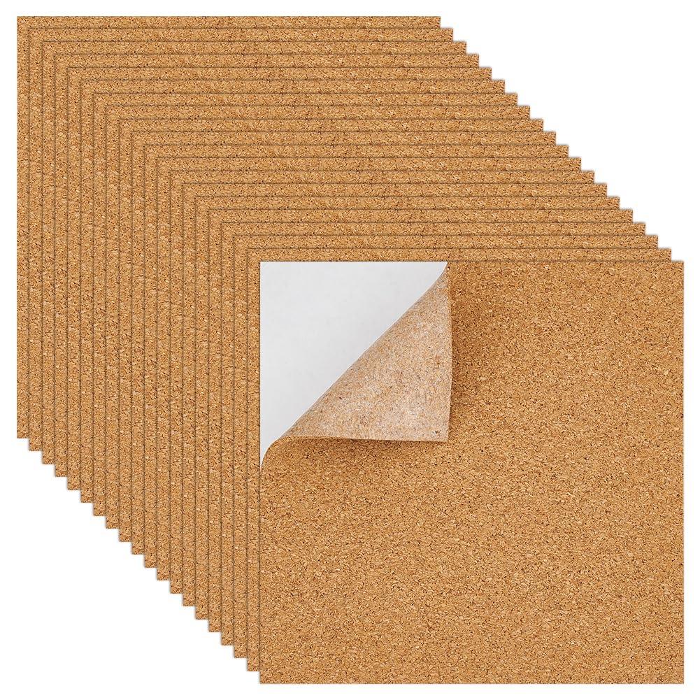 BENECREAT 20 Pack Self Adhesive Cork Sheets 6x6 Inch Cork Board Mat 2mm Thick Square Cork Coaster for Bulletin Boards, Wall Decoration, DIY Crafts Supplies
