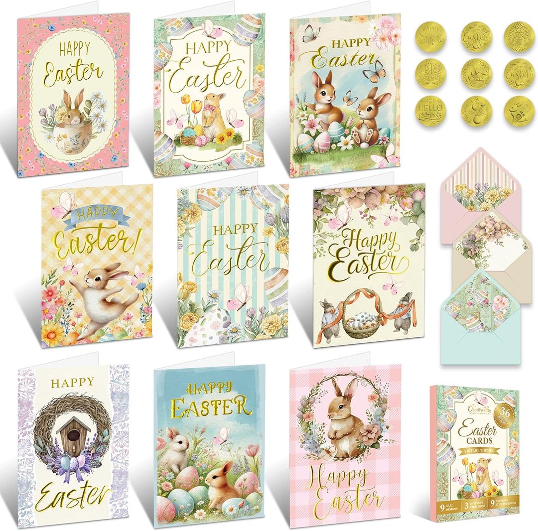 Decorably 36 Pack Gold Foil-Embossed 4x6in Vintage Easter Cards with Envelopes and Stickers, 9 Classic Designs Easter Cards Bulk with Envelopes, Blank Inside