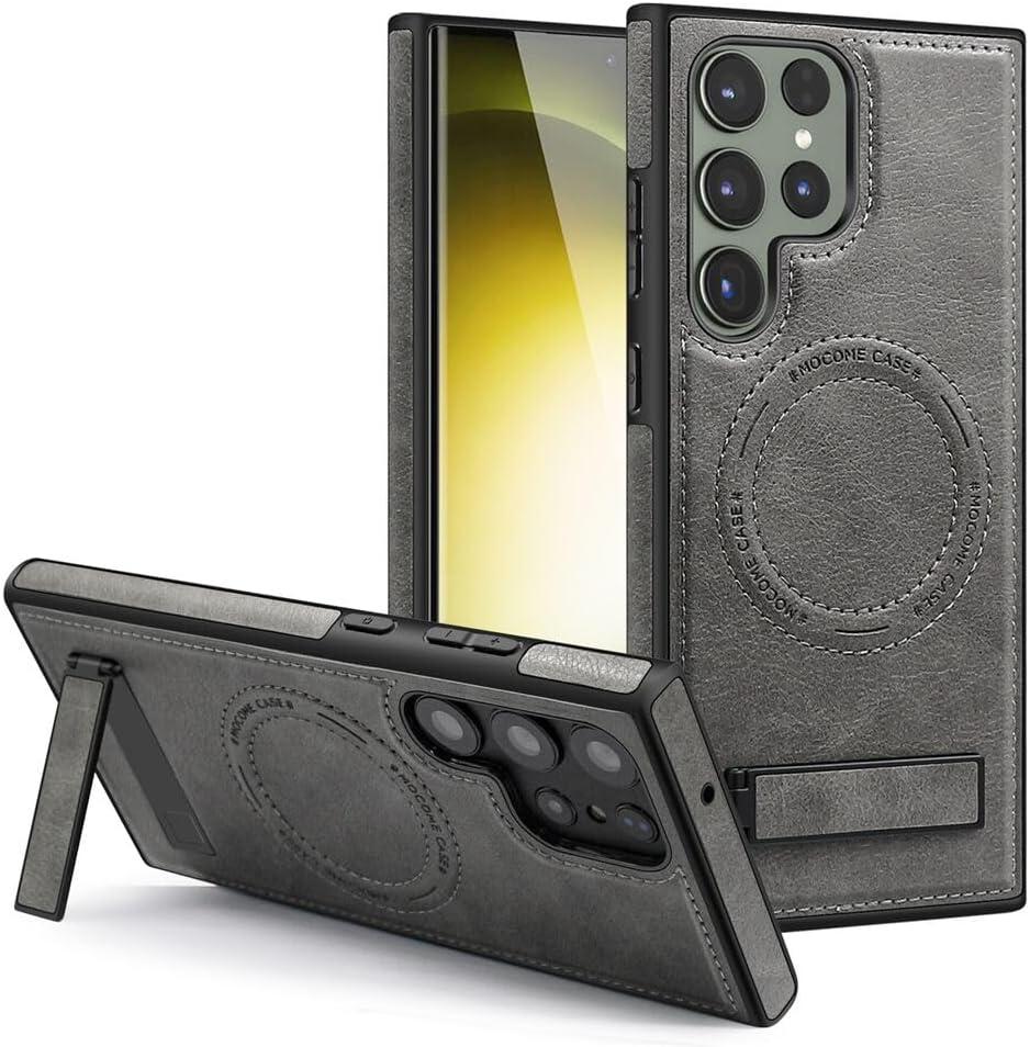Lunivop Compatible with Samsung Galaxy s24 Ultra Case PU Leather [Compatible with Magsafe Wireless Charging] Magnetic Cover Stand Funda Rugged Phone Case Gray