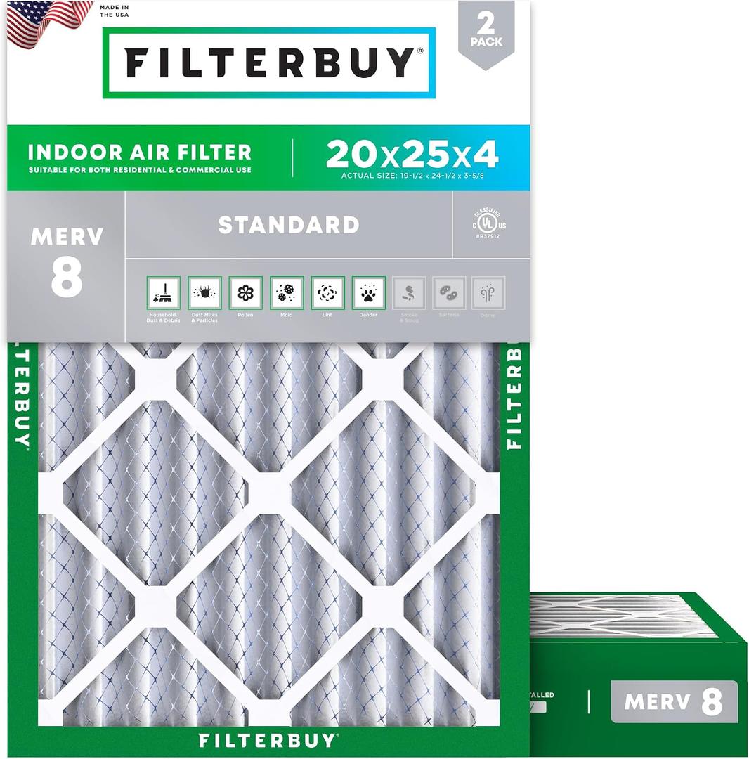 Filterbuy 20x25x4 Air Filter MERV 8 Essential Dust & Allergy Defense (2-Pack), Electrostatic Pleated HVAC AC Furnace Filters Replacement (Actual Size: 19.50 x 24.50 x 3.63)