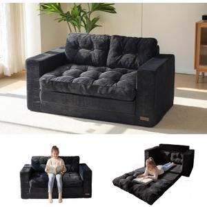 MAXYOYO Convertible Sofa Bed, Pull Out Loveseat Sleeper Sofa, 2 in 1 Folding Couch Bed, Fold Out Floor Couch with Pillows for Living Room Bedroom Lounge, Black, 59" Tri-fold Loveseat