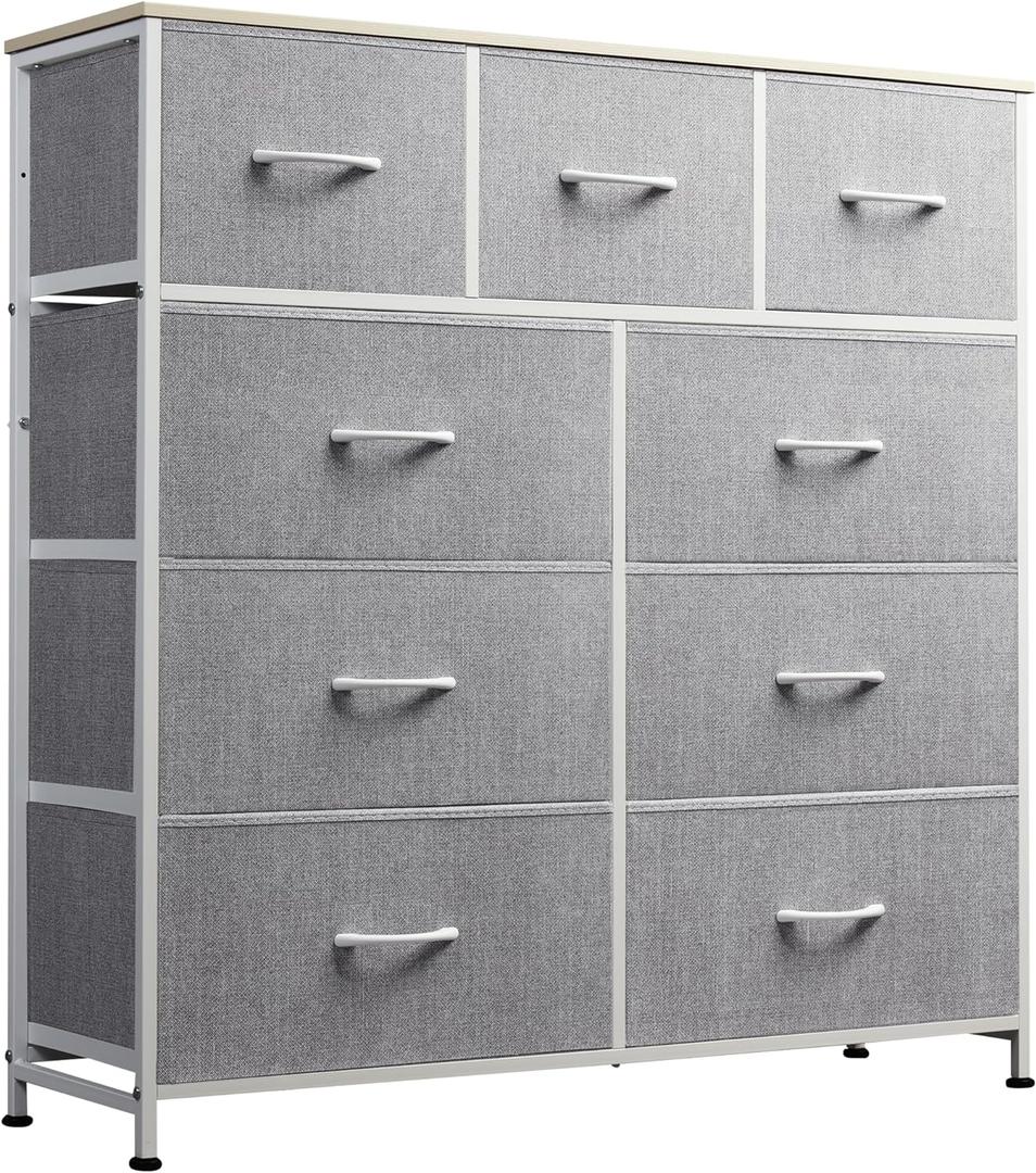 WLIVE 9-Drawer Dresser, Fabric Storage Tower for Bedroom, Hallway, Entryway, Closet, Tall Chest Organizer Unit with Fabric Bins, Steel Frame, Wood Top, Easy Pull Handle, Light Grey
