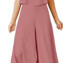 ROYLAMP Women's Summer 2 Piece Outfits Round Neck Crop Basic Top Cropped Wide Leg Pants Set Jumpsuits Cherry Pink M
