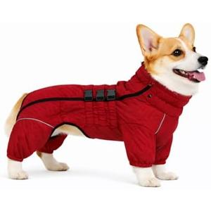 Lovelonglong Warm Coat Double Layers Vest, 4 Legs Covered Windproof Waterproof Reflective Outdoor Skating Costume for Corgis Dachshund Red D-M