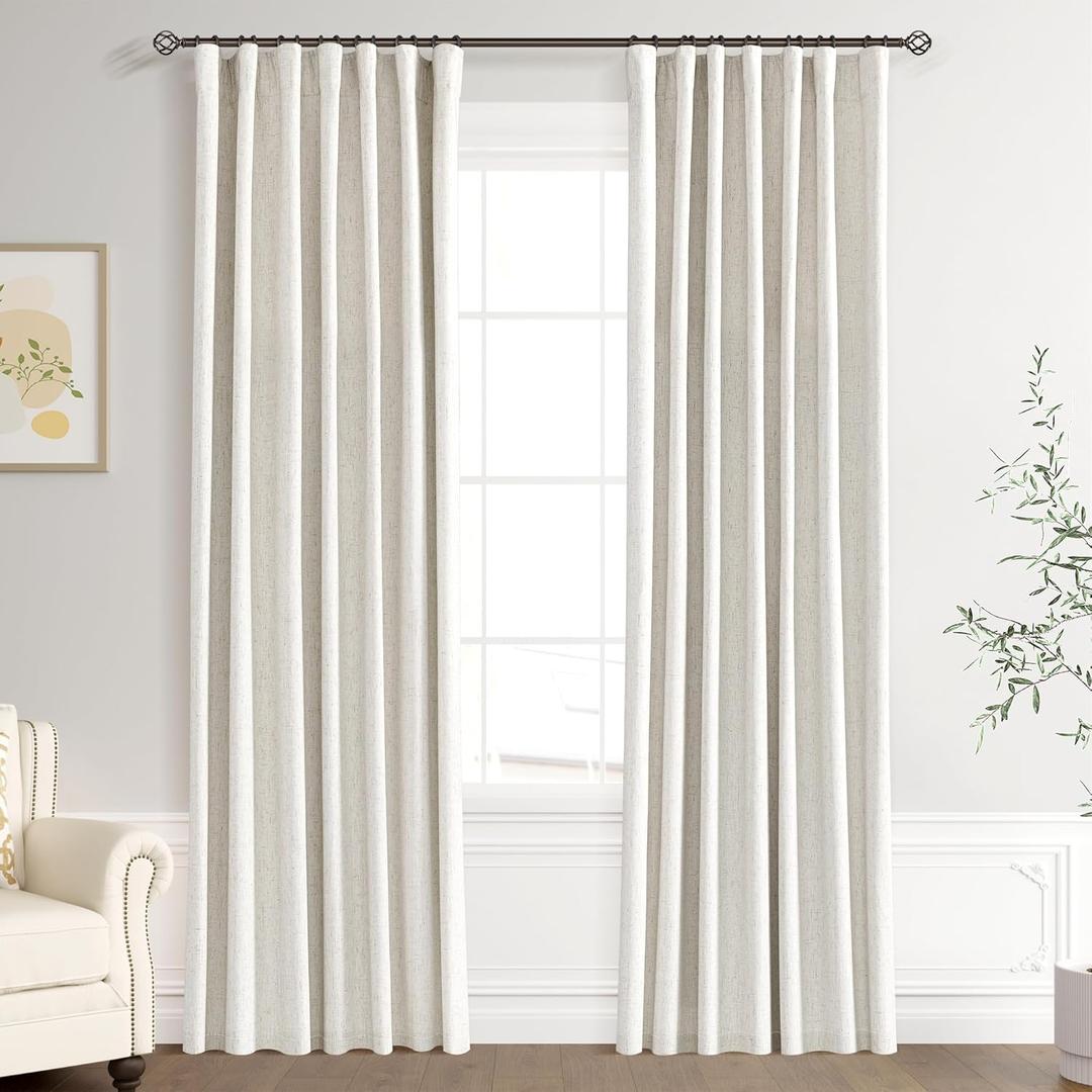 Joywell 100% Blackout Linen Curtains 88 Inch Long for Bedroom Back Tab Hook Belt 2 Panel Natural Black Out Curtain Noise Reduction Drapes for Dining Room Kitchen Window Cream Ivory 52 x 88