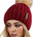 FURTALK Womens Winter Knitted Beanie Hat with Faux Fur Pom Warm Knit Skull Cap Beanie for Women (Wine Red)