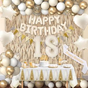 18th Birthday Decorations for Girls Women, White and Gold 18 Boho Birthday Party Supplies Includes Number Balloons, Banner, Fringe Curtain, Cake Topper