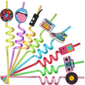 24pcs 80s Party Decorations Retro Straws Hip Hop Themed 80s Music Party Favor Swirl Straws 80s Radio Speaker Phone Tape Straw Decorations Kids Adult 80s Party Favors, 8 Color Styles