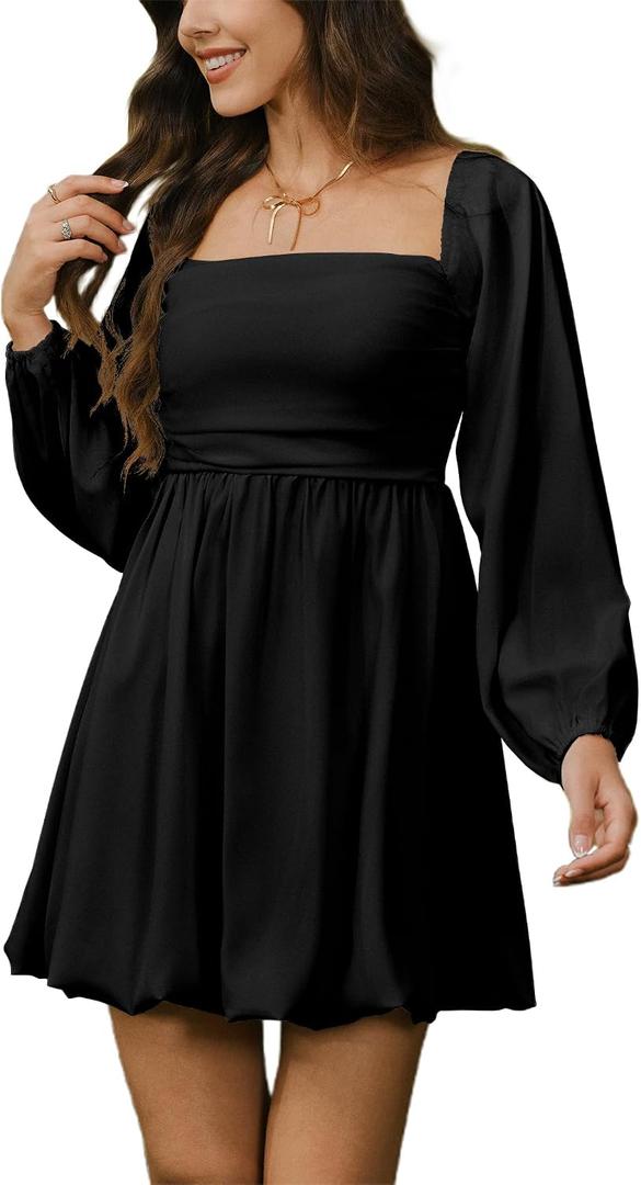 HYPERFIRE Women's Square Neck Long Sleeve Bubble Mini Dress Pleated Smocked A Line Wedding Dresses, Black Small