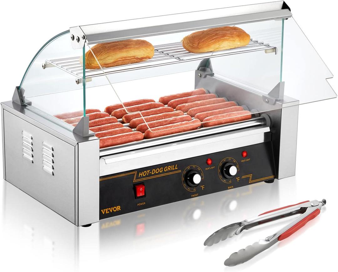 VEVOR Hot Dog Roller 7 Rollers 18 Hot Dogs Capacity 1050W Stainless Sausage Grill Cooker Machine with Dual Temp Control Glass Hood Acrylic Cover Bun Warmer Shelf Removable Oil Drip Tray, ETL Certified (7 Rollers+Cover)