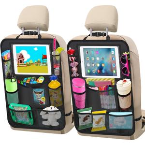 Car Backseat Organizer 2 Pack Car Organizer Back Seat with 11" Tablet Holder, 10 Storage Pockets Seat Back Protectors Kick Mats for Kids Toddlers, Travel Accessories (Black)