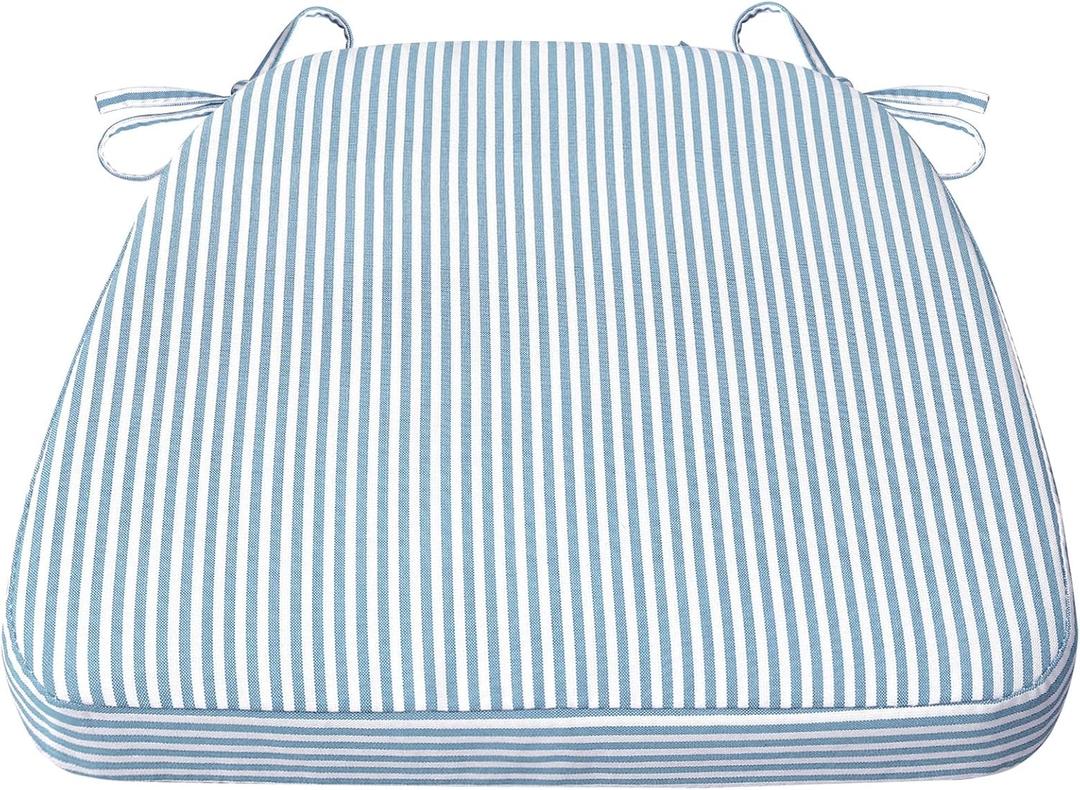 Accessories D-Shaped Chair Cushions, 2" Thick Dining Chair Pads with Ties and Removable, Machine-Washable Cover, 17" x 16", Pinstripe Blue