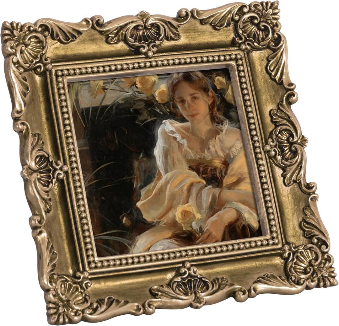 Eletecpro 3x3 Vintage Picture Frame with Real Glass Cover, Ornate Antique Photo Frame, Display 3x3 Picture for Tabletop or Wall Hanging, Gold Home Decor for Gallery Art